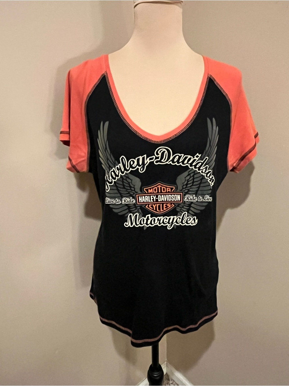 Harley-Davidson Black and Coral V-Neck Graphic Tee